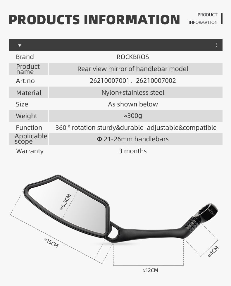 ROCKBROS Bicycle Cycling Rearview Mirror 360° Rotatable Bike Handlebar Mirror